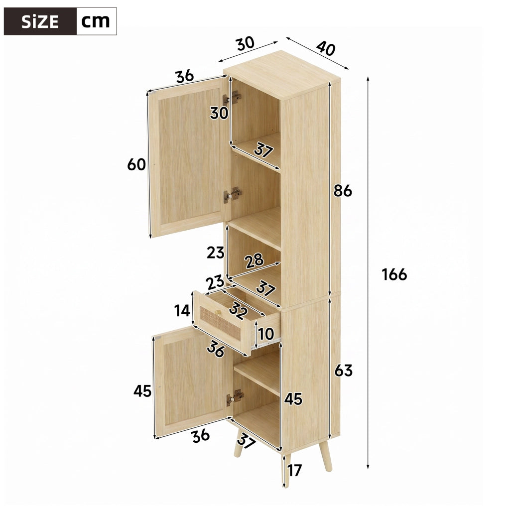 Colonna da bagno autoportante 166 cm con ante in rattan reversibili e cassetto, finitura legno naturale, 40×30×166 cm