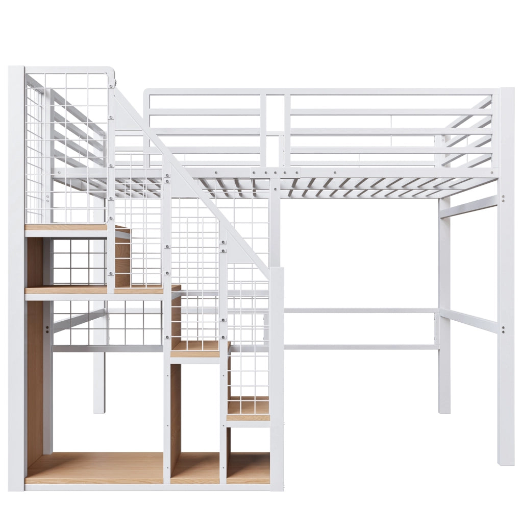 Letto a soppalco in metallo 140x200 cm con scaletta e spazio contenitivo, letto per ragazzi nero e bianco