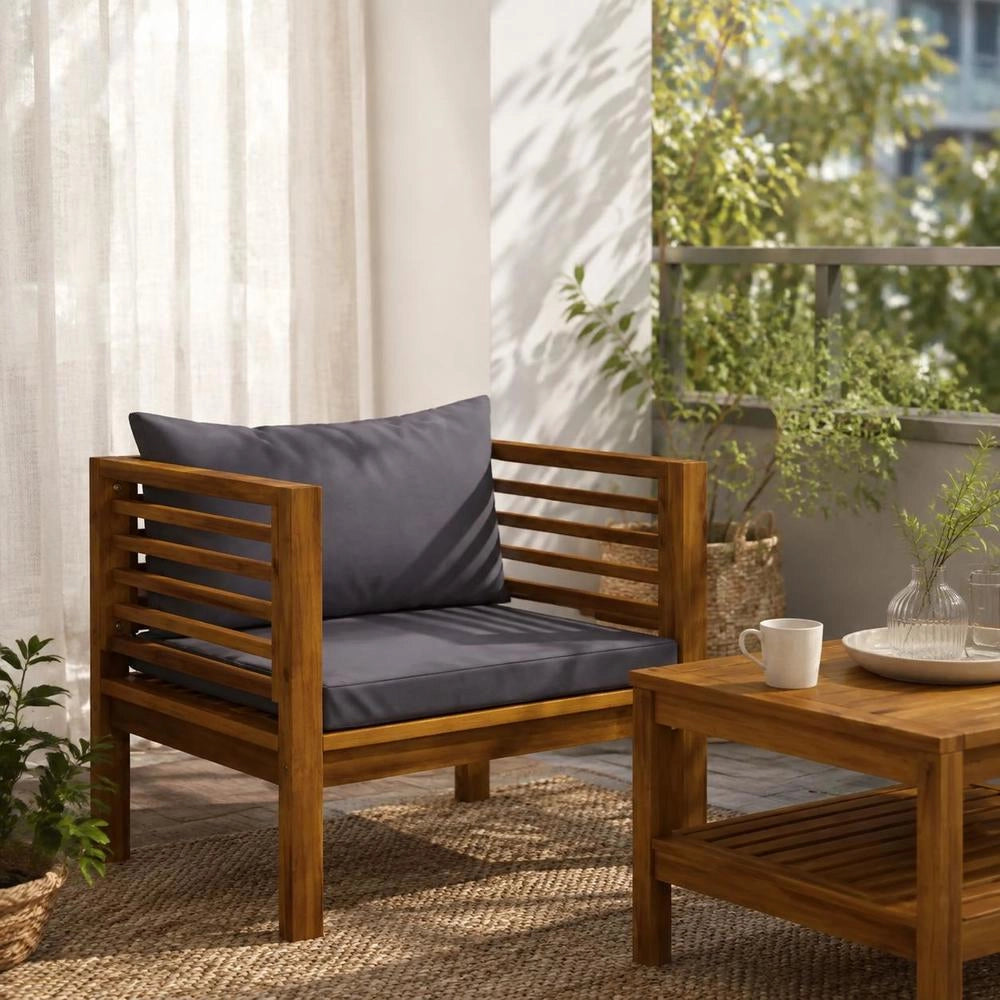 Garden Chair With Dark Grey Cushions, Solid Acacia Wood