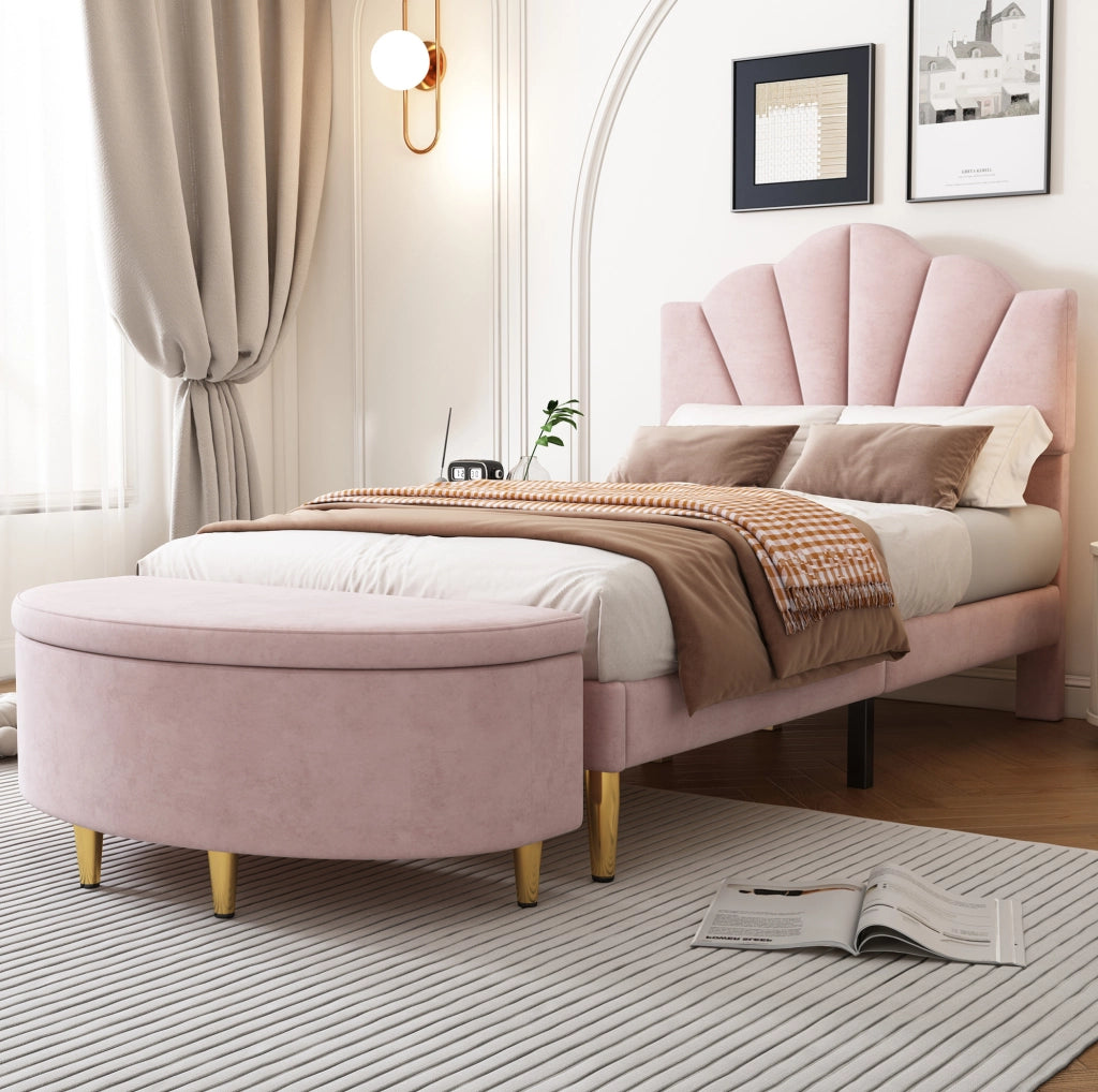 Panca contenitore imbottita in velluto rosa; 90 x 40 x 42 cm