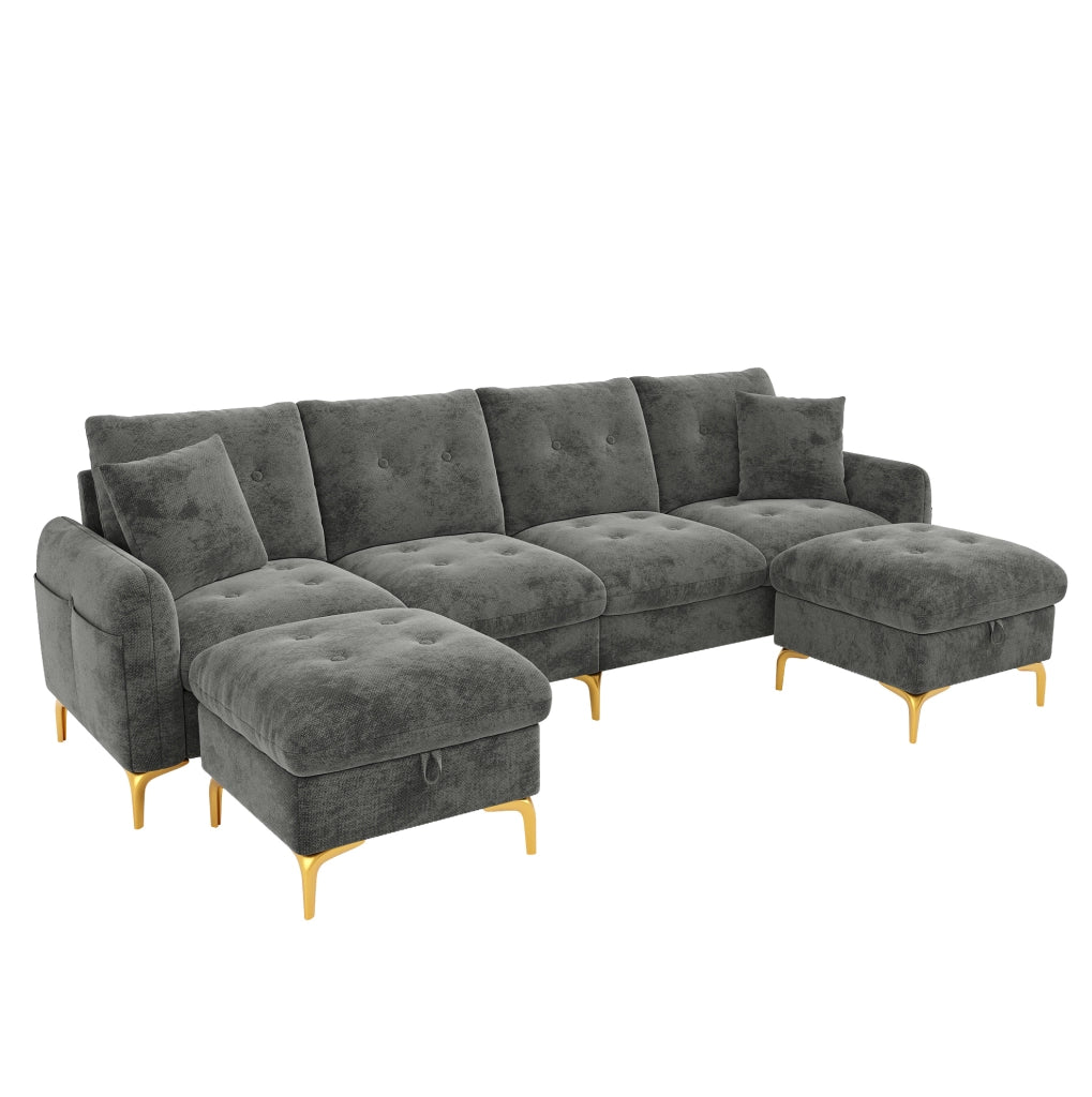 Divano modulare a U 4 posti con 2 pouf contenitori e 2 cuscini decorativi, dimensioni totali 263×137×85 cm, grigio