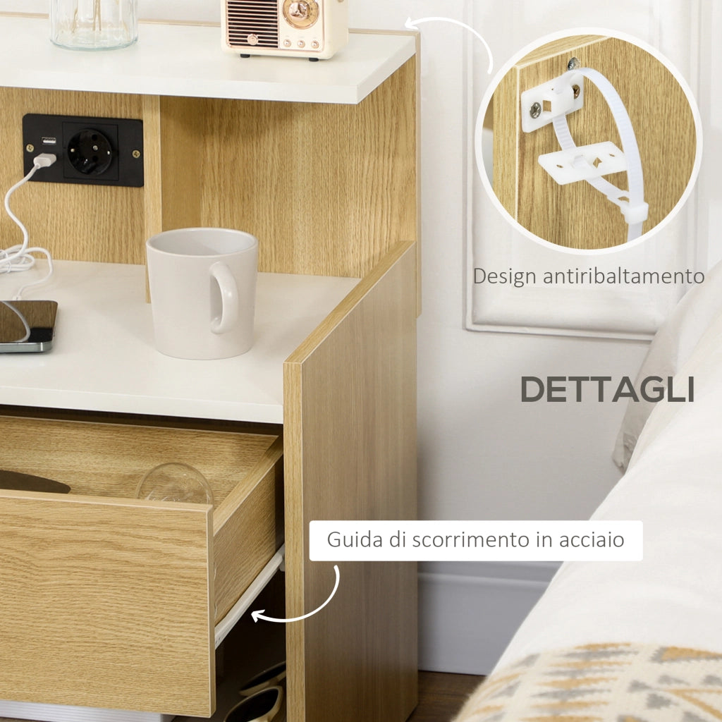 Comodino moderno con 2 prese USB e cassetto ¨C zephmum ¨C 40x40x60cm, colore legno