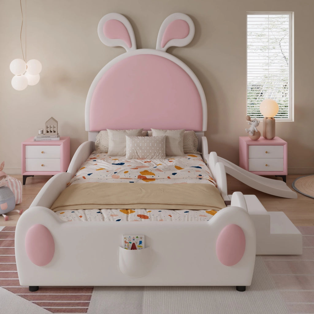 Letto singolo 90 × 200 cm con scivolo e scaletta testiera con orecchie in PU bianco e rosa