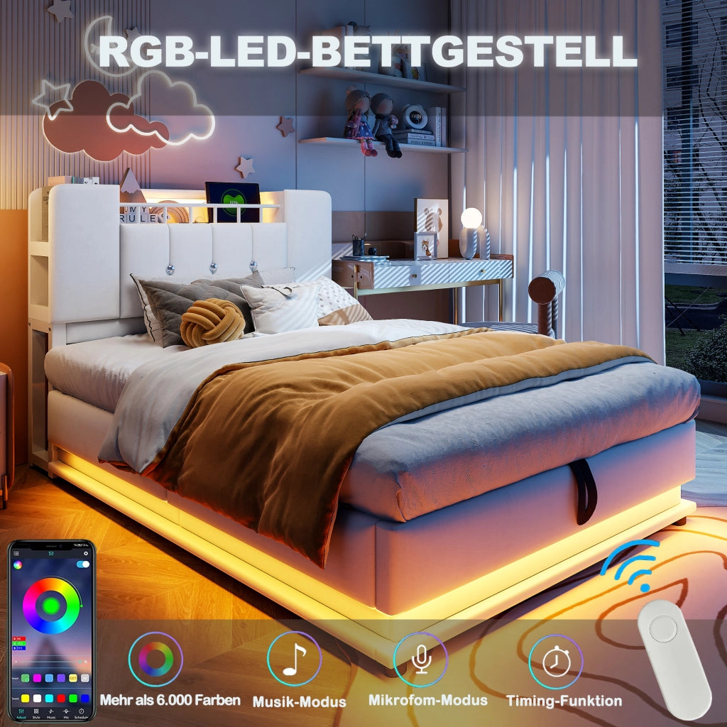 Letto per Bambini Imbottito 90x200 cm con LED; USB e Vano Contenitore Idraulico; Metallo e Velluto Beige