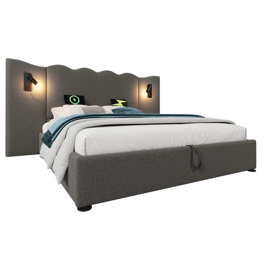 Letto matrimoniale contenitore 160 × 200 cm con lampada USB e Type-C in metallo legno e lino grigio
