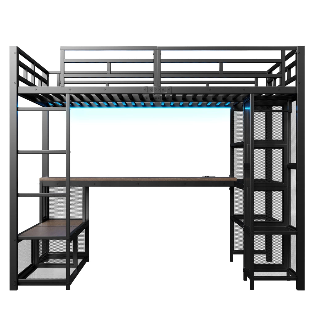 Letto a soppalco 140x200 in metallo nero con scrivania e luci LED