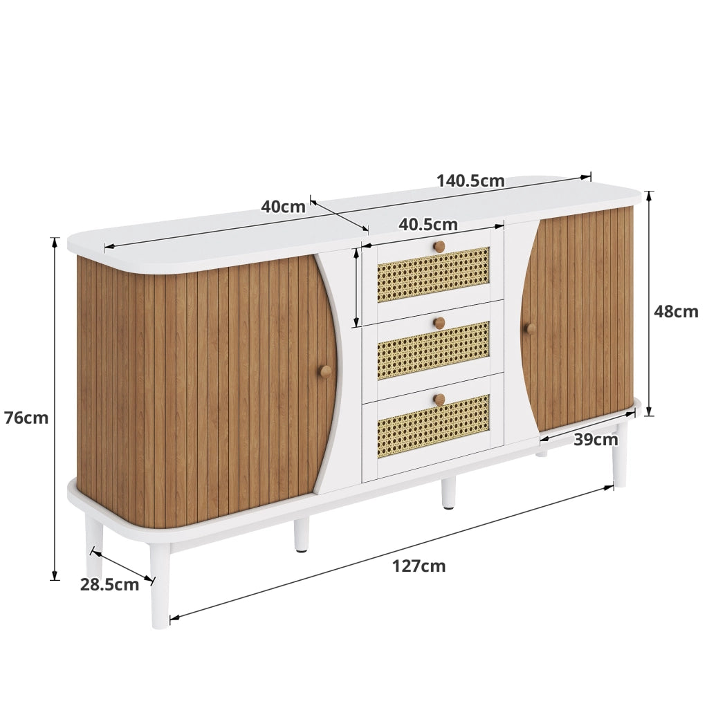 Credenza bianca e color legno con 3 cassetti in rattan