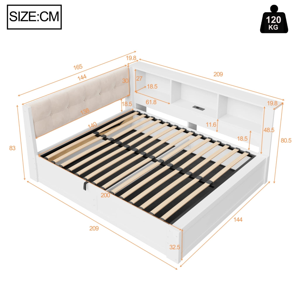 Letto daybed 140x200 cm con contenitore idraulico; LED dimmerabile e porta USB bianco HOMVRA