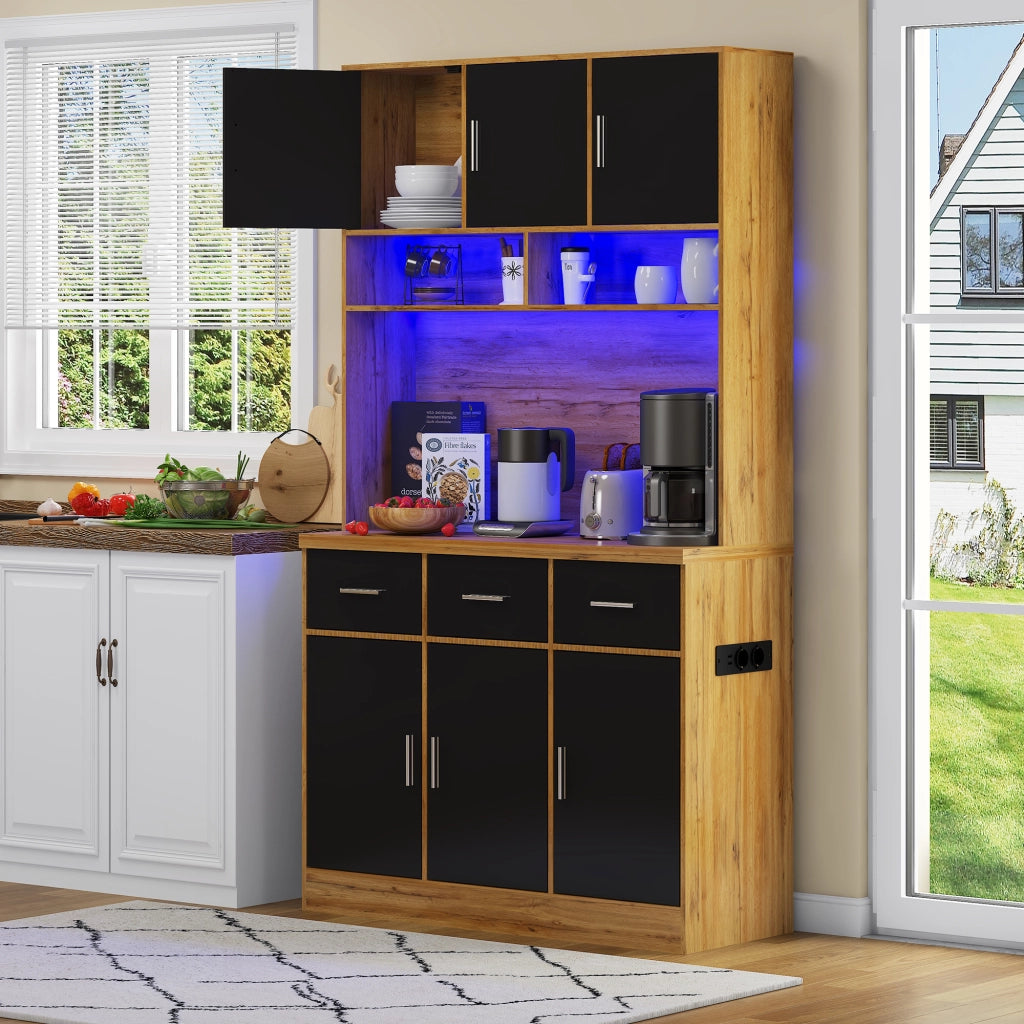 Credenza da cucina alta LED con 6 ante, 3 cassetti e prese USB, per cucina, MDF naturale e nero, 100 × 40 × 180 cm