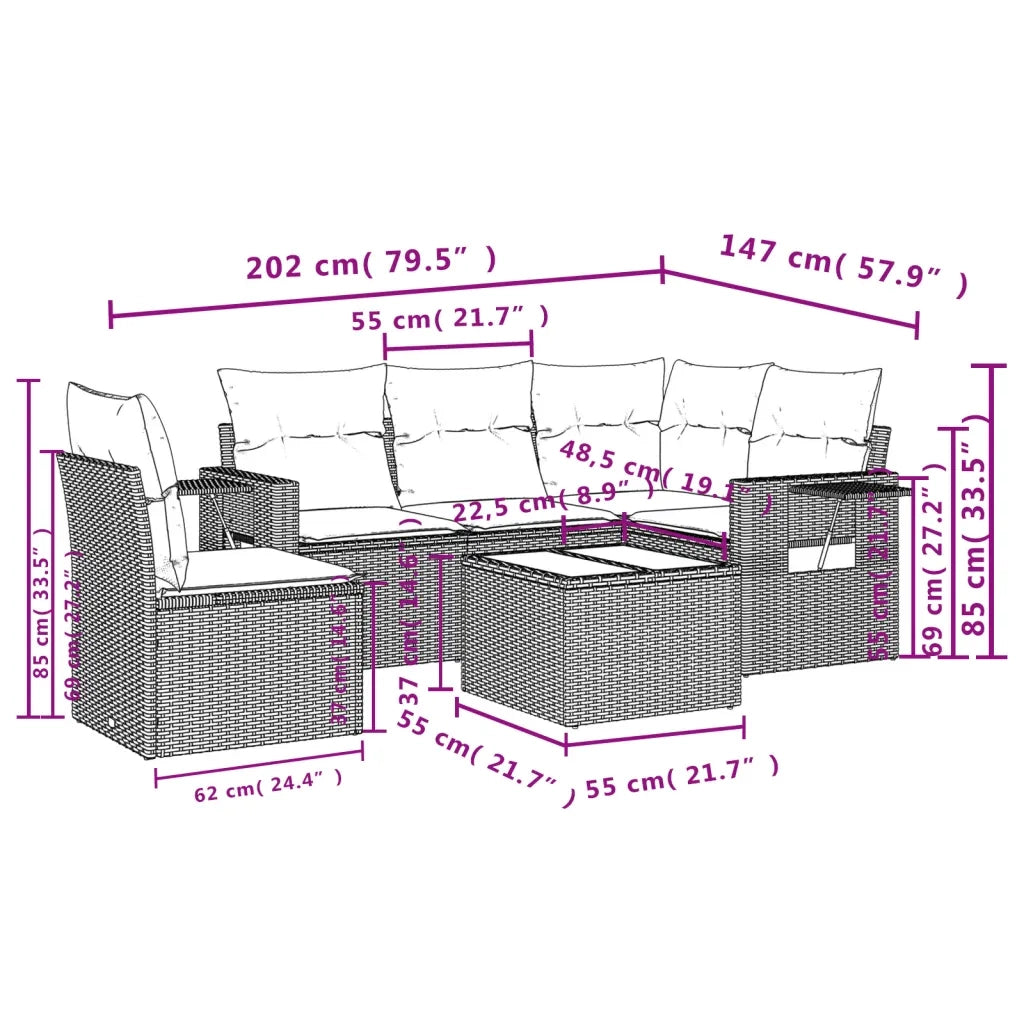 Set Divano da Giardino 6 pz con Cuscini Grigio in Polyrattan