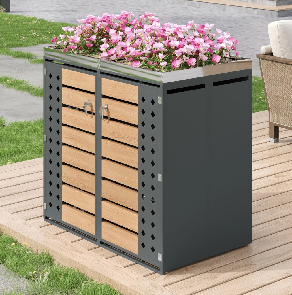 Cassonetto per Rifiuti in Acciaio Zincato con Doppio Scomparto, Finestre Rombiche Perforate e Vaso per Piante Integrato, Finitura Effetto Legno