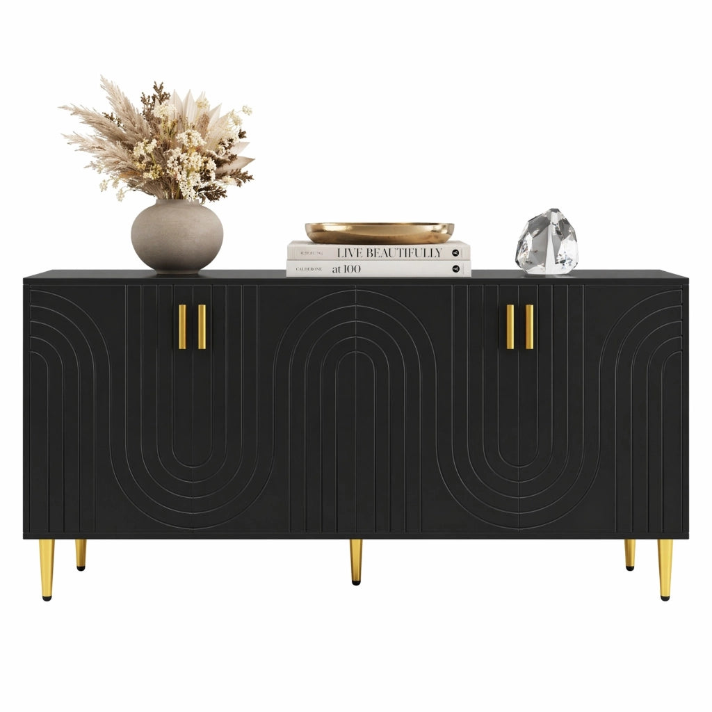 Credenza moderna 152x40x75 cm in MDF nero con frontali ondulati e maniglie dorate