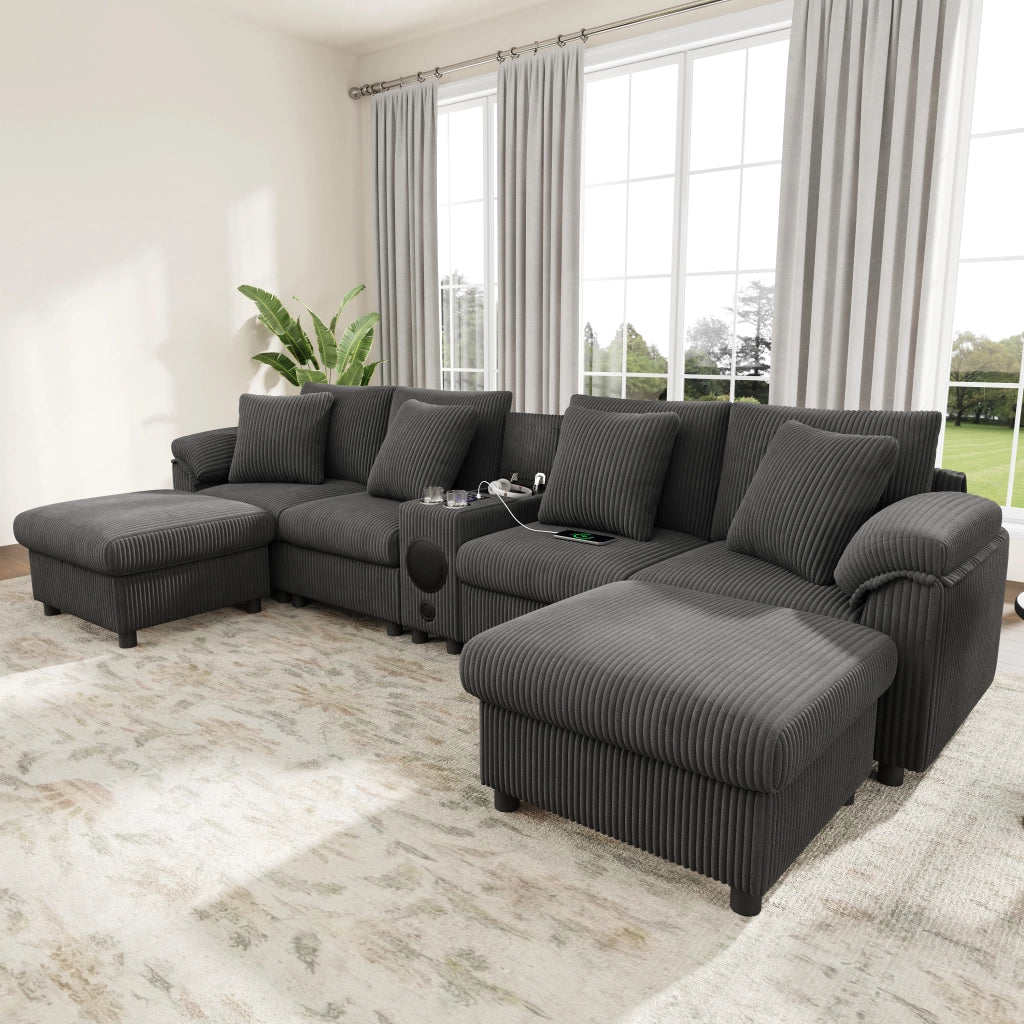 Divano modulare a U in velluto a coste con contenitore; Bluetooth; ricarica wireless; USB; cuscini; grigio 315;5 Ã— 144 Ã— 84;5 cm