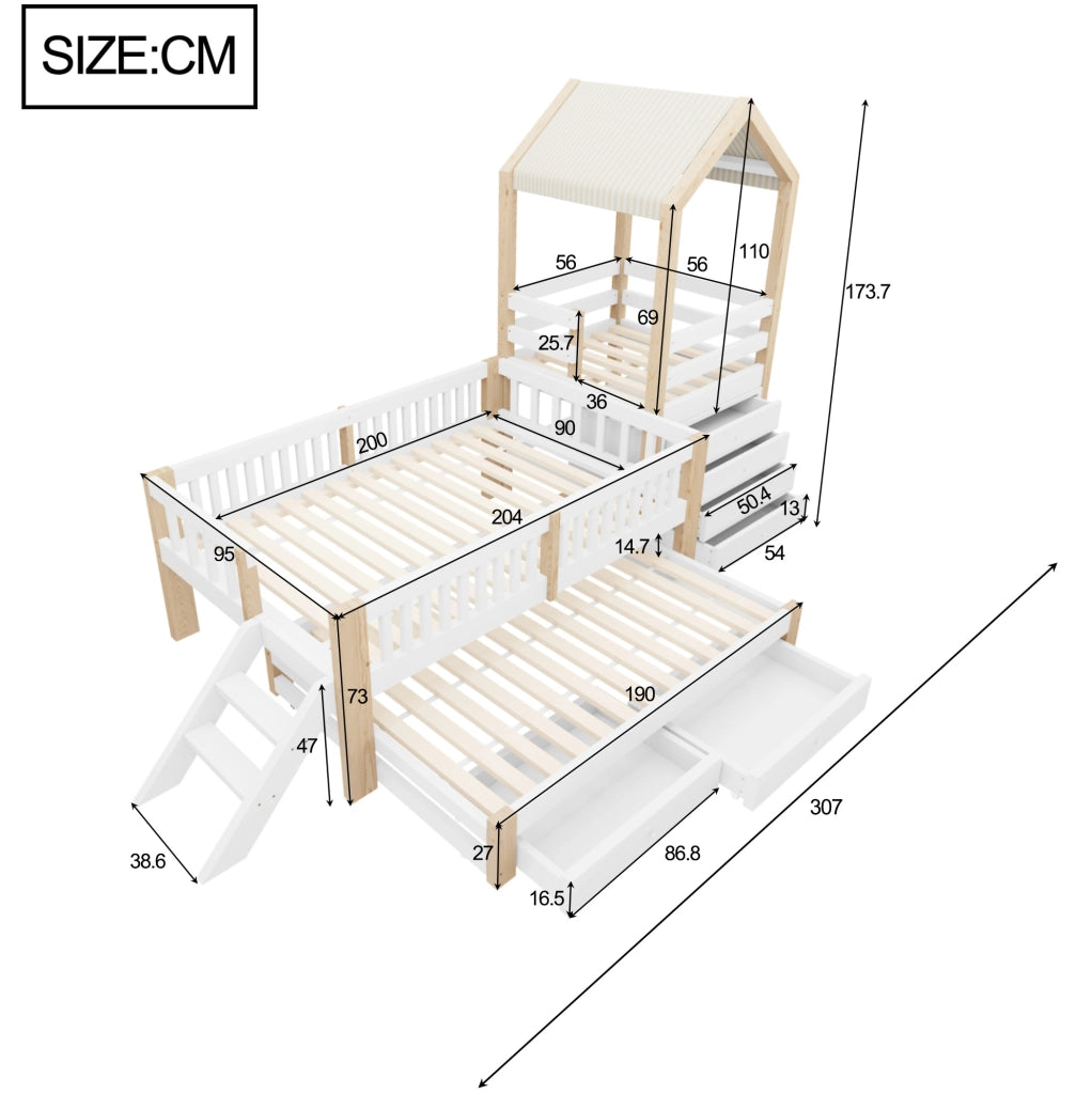 Letto a Castello per Bambini 90x200 cm con Letto Estraibile 90x190 cm, Struttura in Legno Massello e Tetto in Tessuto, Bianco e Legno Naturale