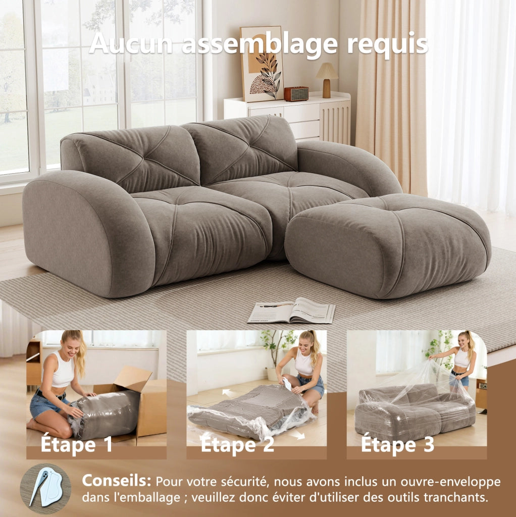 Divano modulare a 3 posti senza telaio in tessuto chenille taupe, design antiscivolo, adatto per soggiorno, senza necessità di montaggio