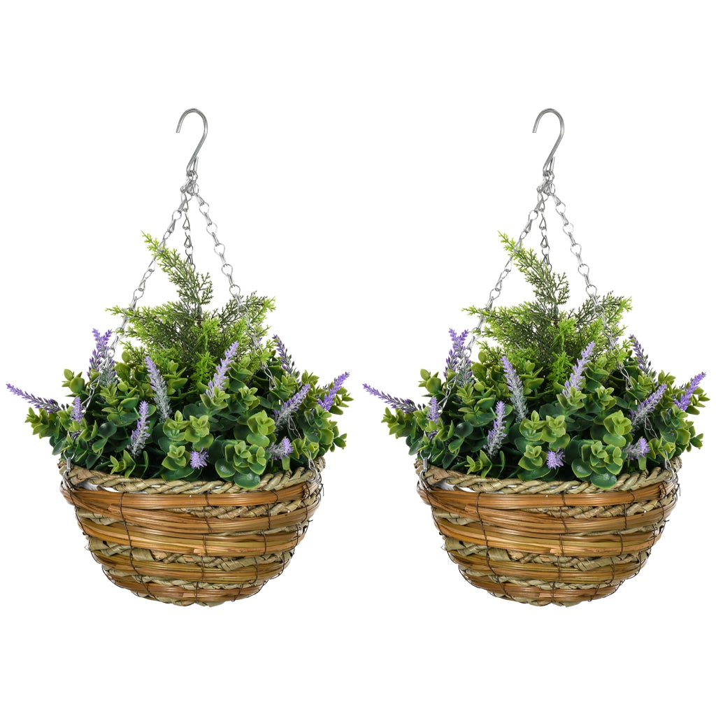 Set of Two Artificial Hanging Lisianthus Flower Pots - Purple