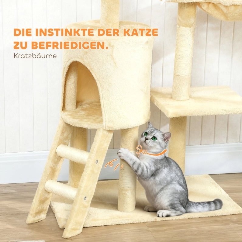 Tiragraffi beige con cuccia, piattaforme e giochi per gatti