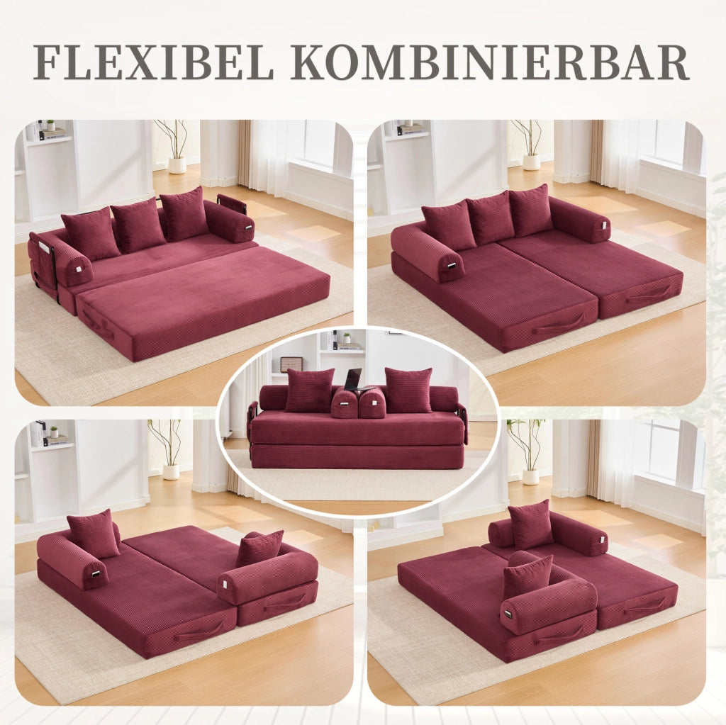 DIVANO Modulare 200x94x67 cm in Velluto a Coste Rosso Vino