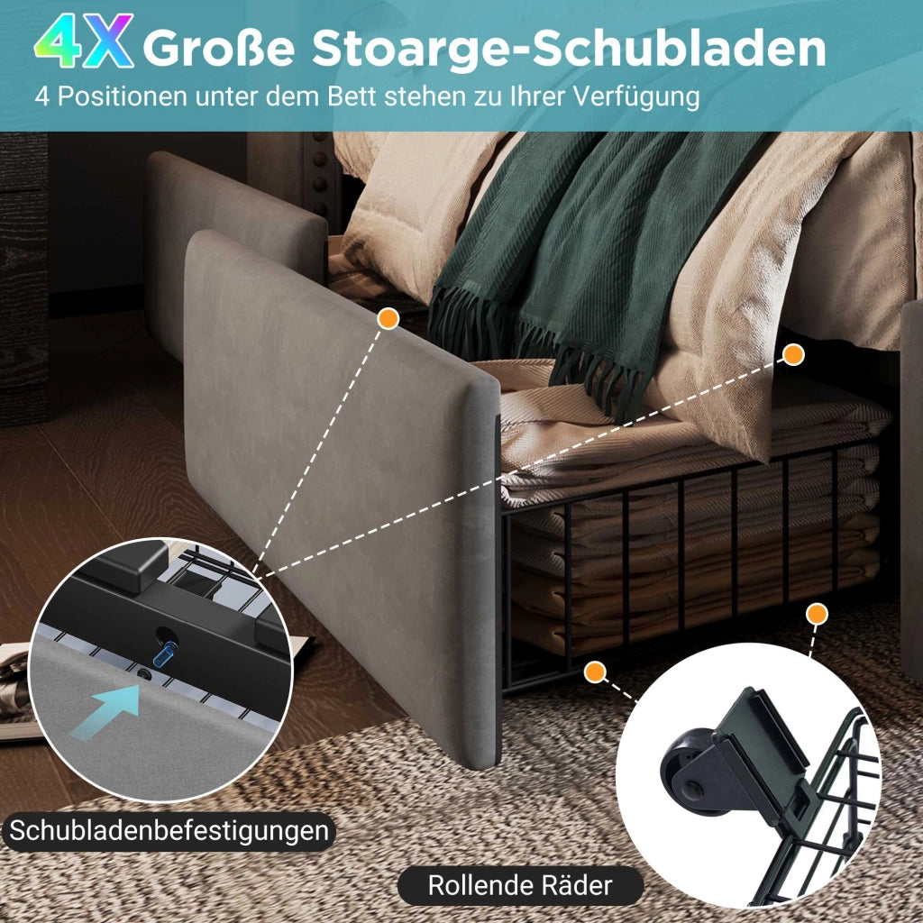 Letto grigio 160x200 cm in velluto con 4 cassetti, LED, porte USB e USB-C, rete a doghe, senza materasso