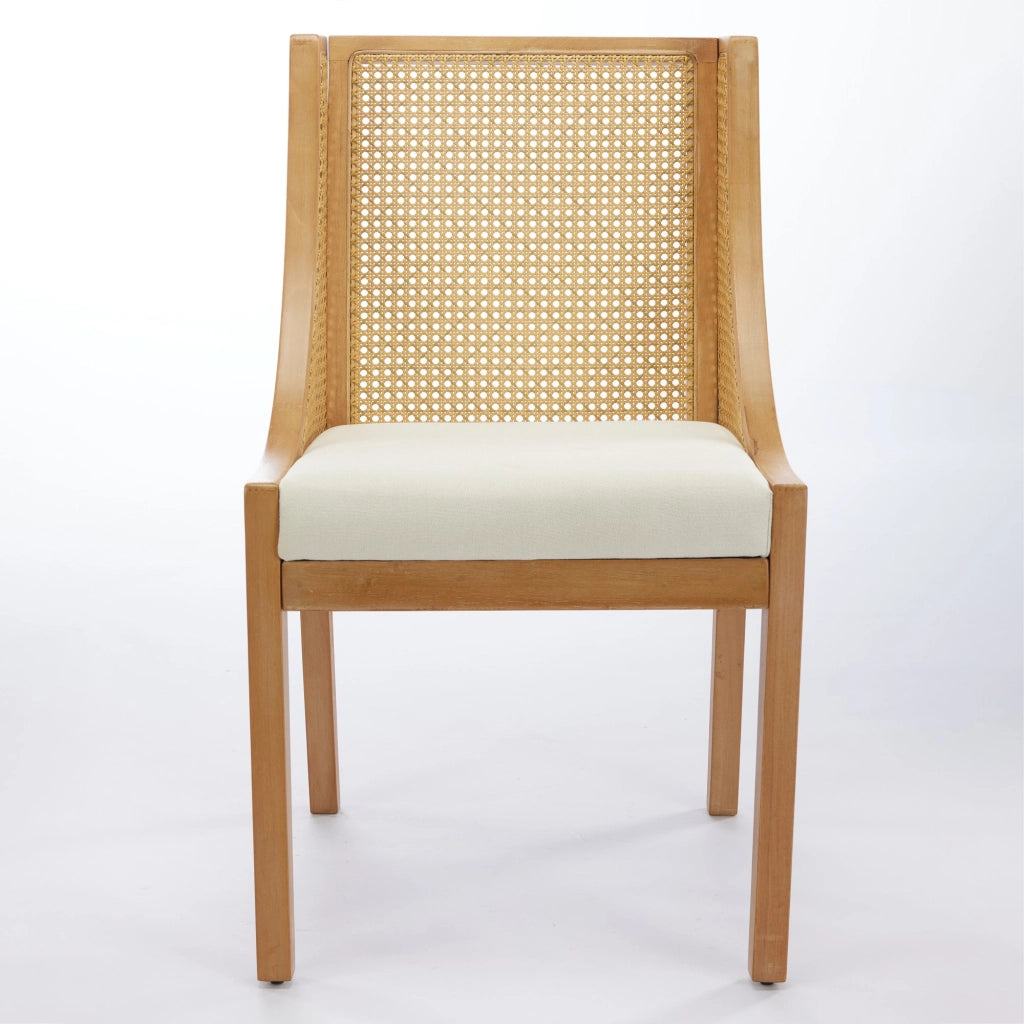 Sedia da pranzo con braccioli decorativi e seduta in lino, legno e rattan artificiale beige