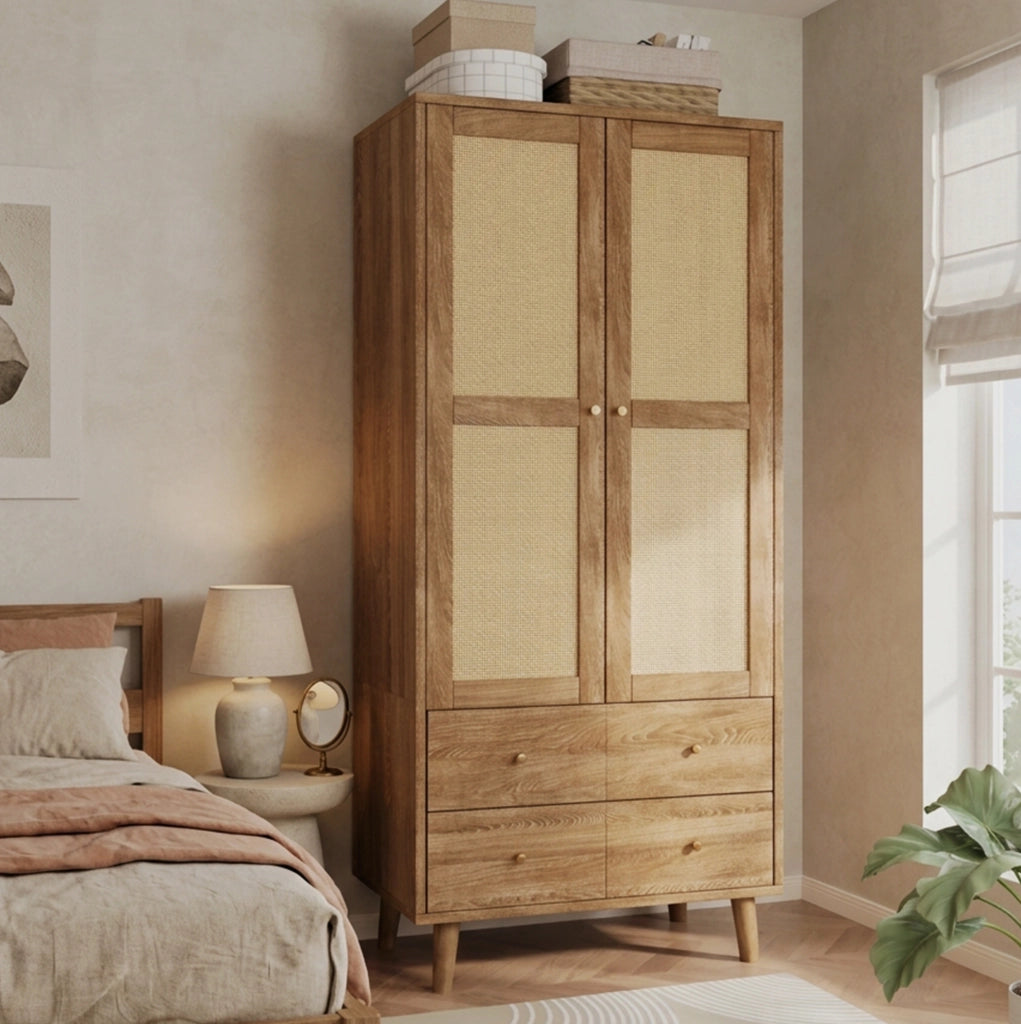 Armadio guardaroba in MDF con effetto legno scuro e ante in rattan, 80x50x180 cm, con appendiabiti, ripiani e 2 cassetti