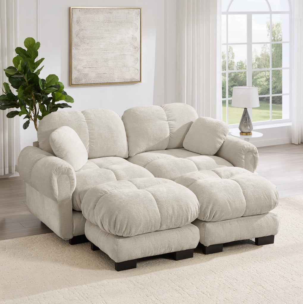 Divano modulare 2 posti 190x149x90 cm in ciniglia kaki chiaro con ottomana mobile