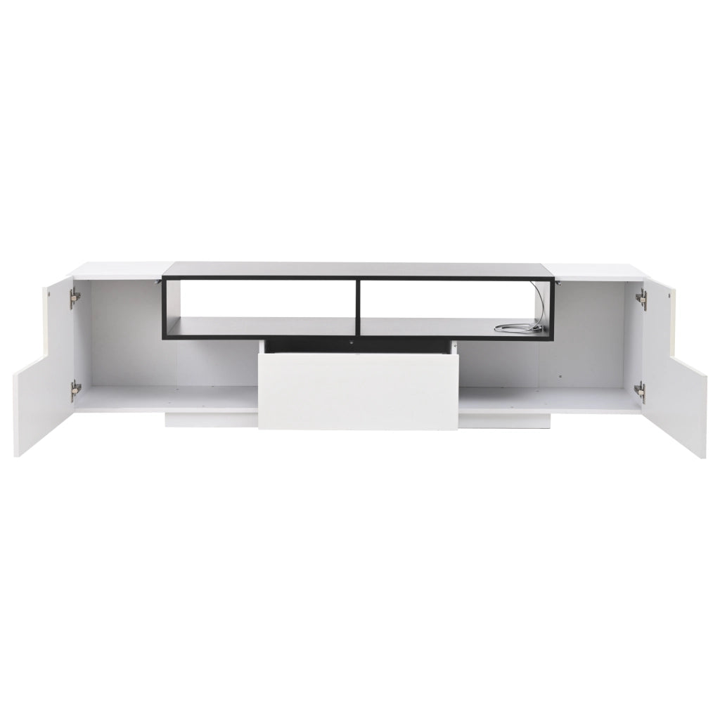 Mobile TV 180x40x48 cm, bianco lucido e nero, con LED, cassetti e design a L. Per TV fino a 75 pollici.