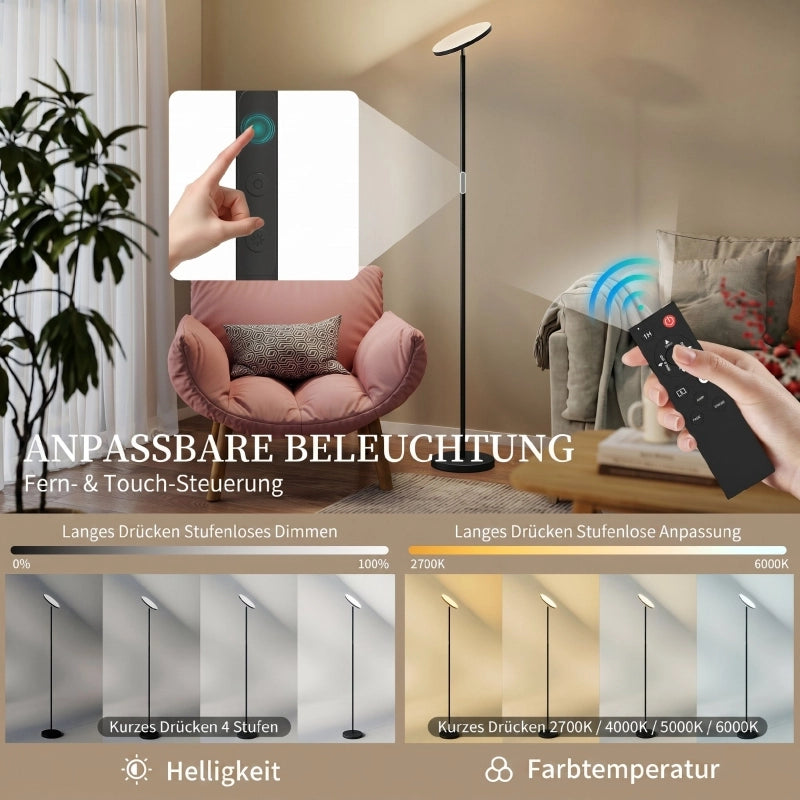 Lampada da terra LED RGB dimmerabile con telecomando e touch testa orientabile 350° nero 25 × 25 × 177 cm