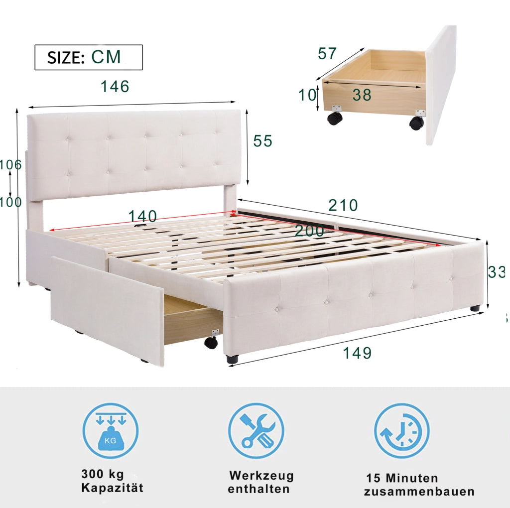 Letto imbottito con testiera; 4 cassetti e rete a doghe; beige