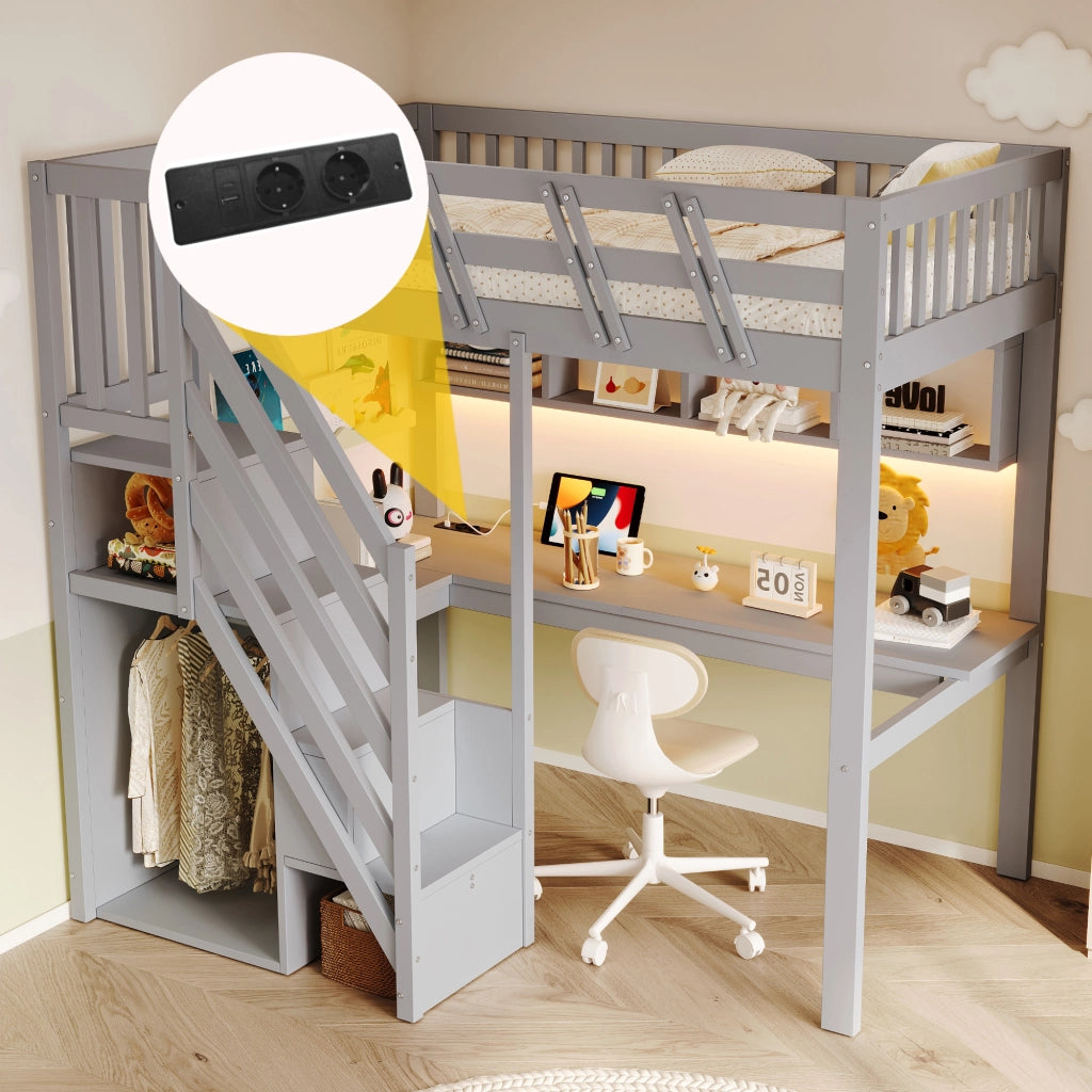 Letto singolo in legno massello 90x200 cm, grigio, con scala contenitore, scrivania, presa USB e luce LED