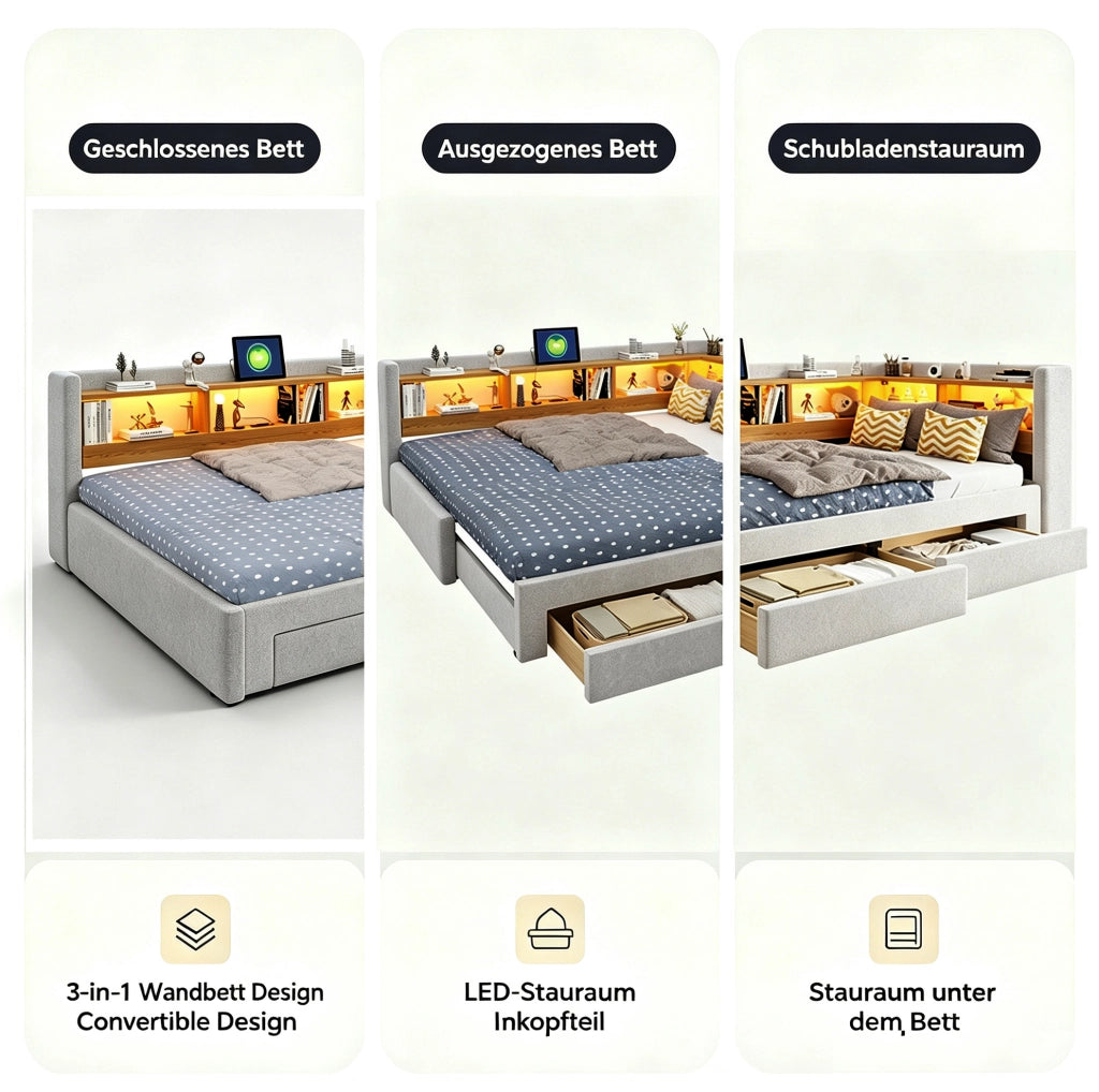Divano letto 3 in 1 estraibile 90x200 cm; matrimoniale 180x200 cm; LED e cassetti; grigio