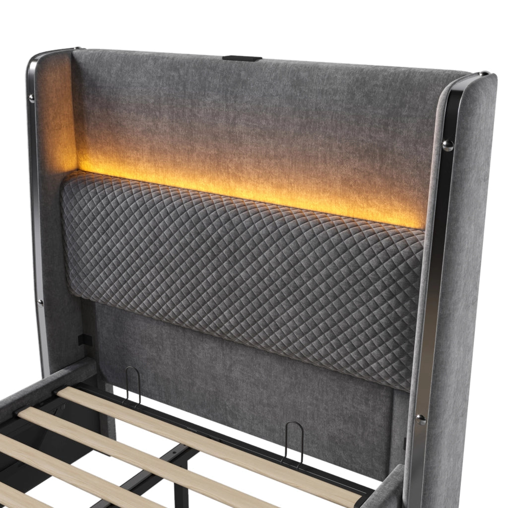 Letto singolo idraulico con testiera alta, LED e porte USB/Type-C