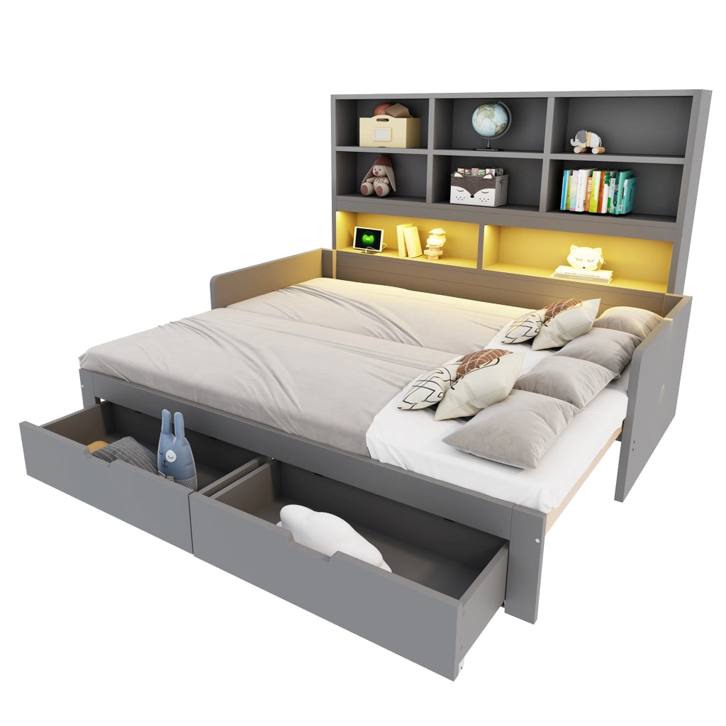 Letto divano trasformabile 90/180 x 200 cm in MDF grigio con contenitore; LED e prese