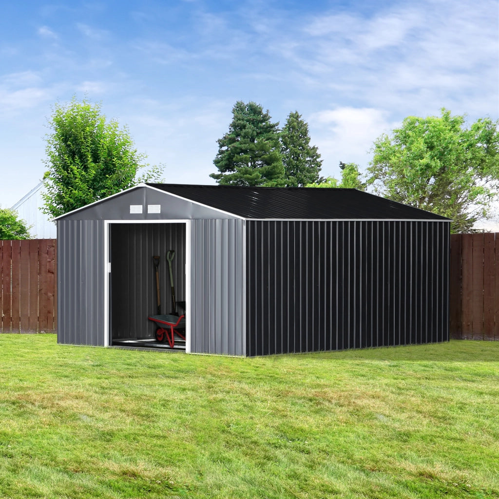 EasyComfort Casetta da Giardino 12.4m² con Fondazione, 4 Prese d'Aria e 2 Porte Scorrevoli, Capanno Porta Attrezzi in Lamiera d'Acciaio, 340x386x200 cm, Giallo