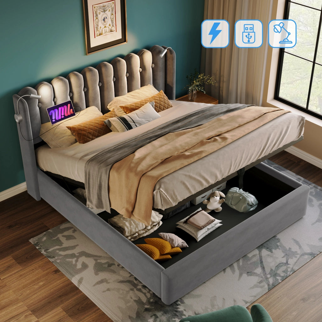 Letto matrimoniale imbottito 160 ¡Á 200 cm con contenitore luce da lettura usb velluto grigio con materasso