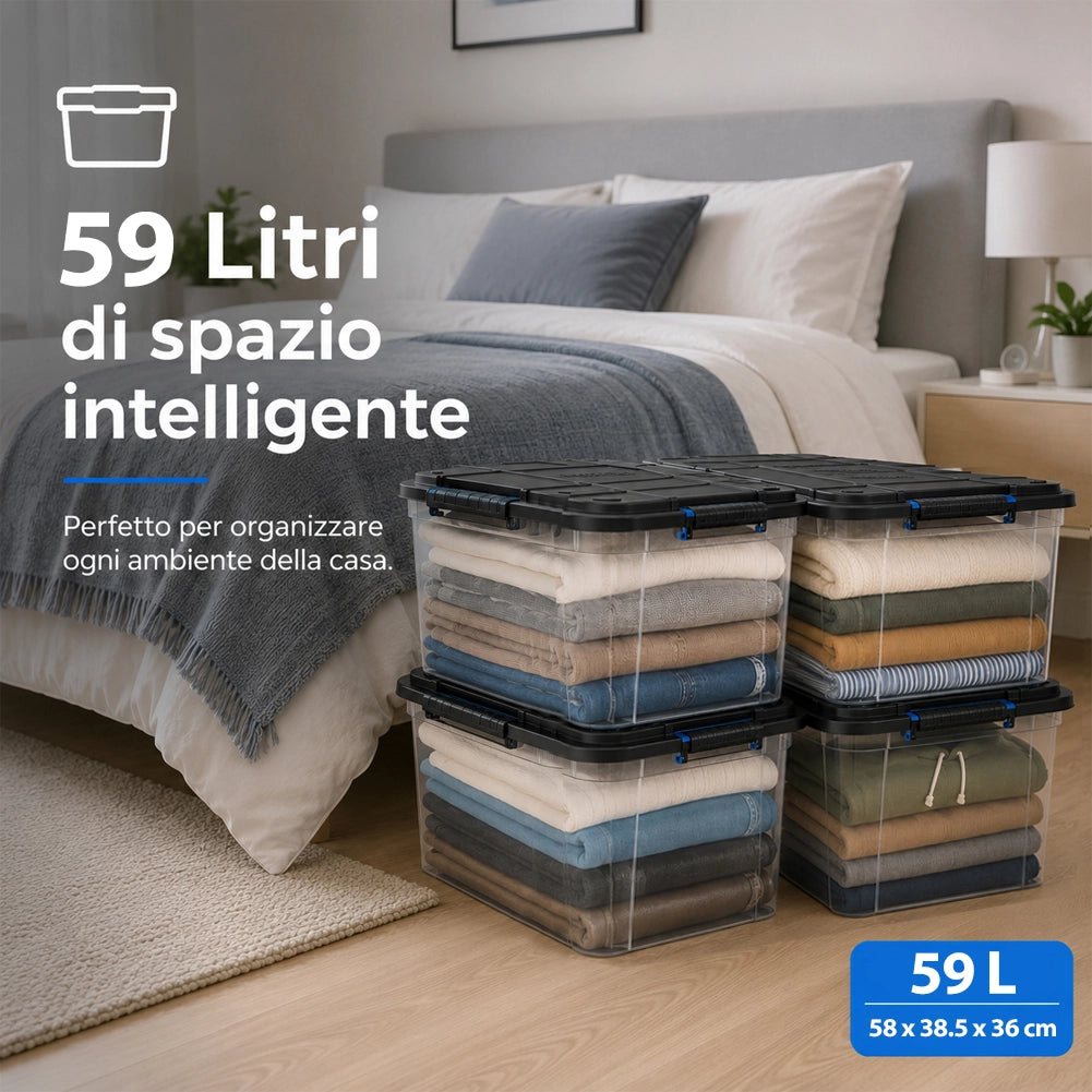 Set 4 Pezzi Contenitori con Coperchio Storage Box Solid Cargo 59L 58x38.5x36 cm