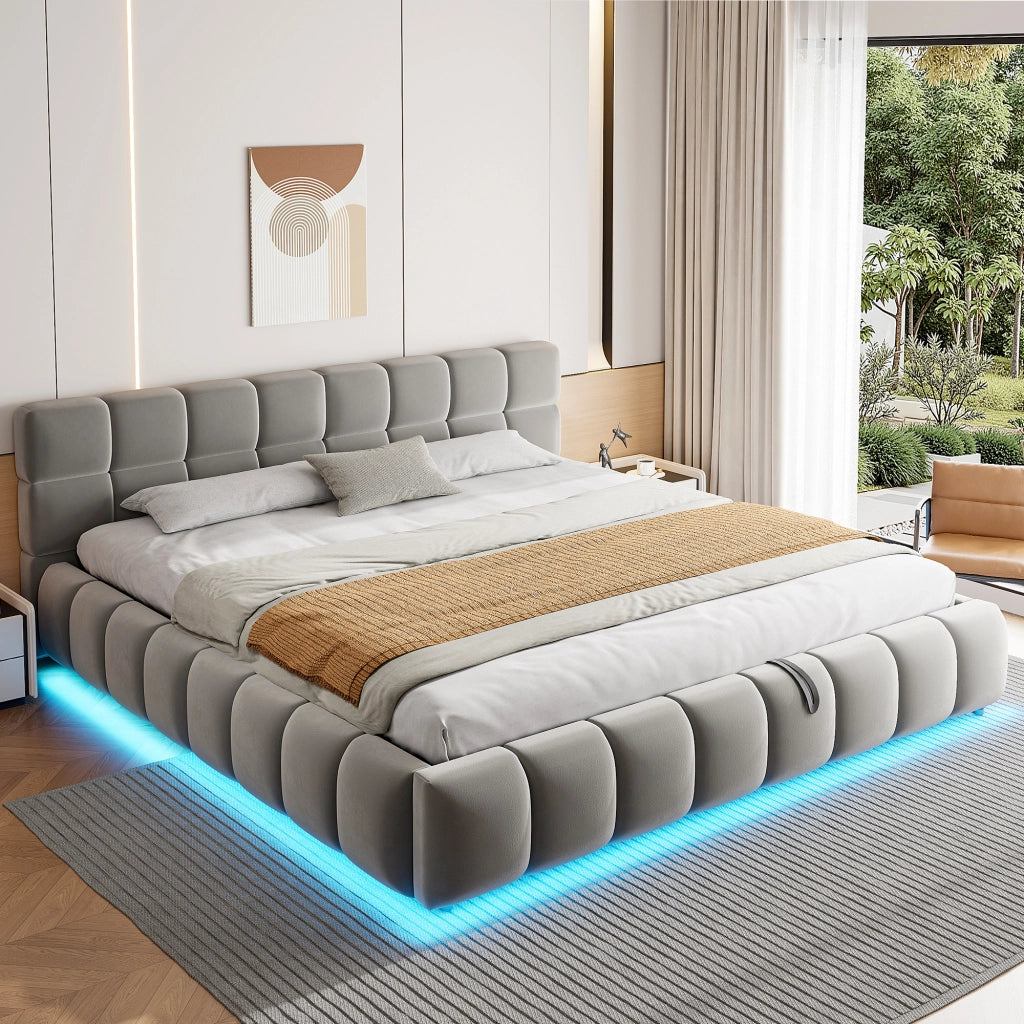 Letto matrimoniale 180 × 200 cm con contenitore idraulico e LED regolabile, senza materasso, in velluto grigio