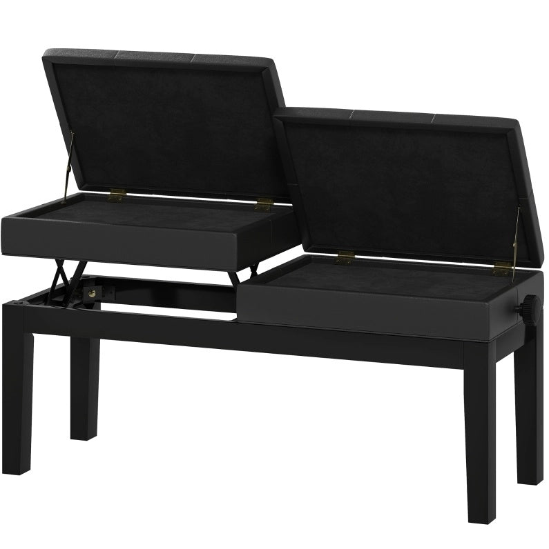 Panca per pianoforte regolabile in altezza con doppio sedile e vano contenitore, rivestimento in ecopelle nero, 105 x 37 x 48-58 cm, portata 220 kg