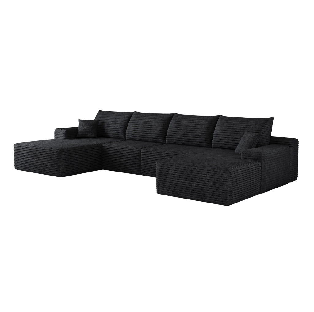 Divano angolare modulare 340 cm con chaise longue a L, tessuto di velluto a coste nero, senza montaggio richiesto