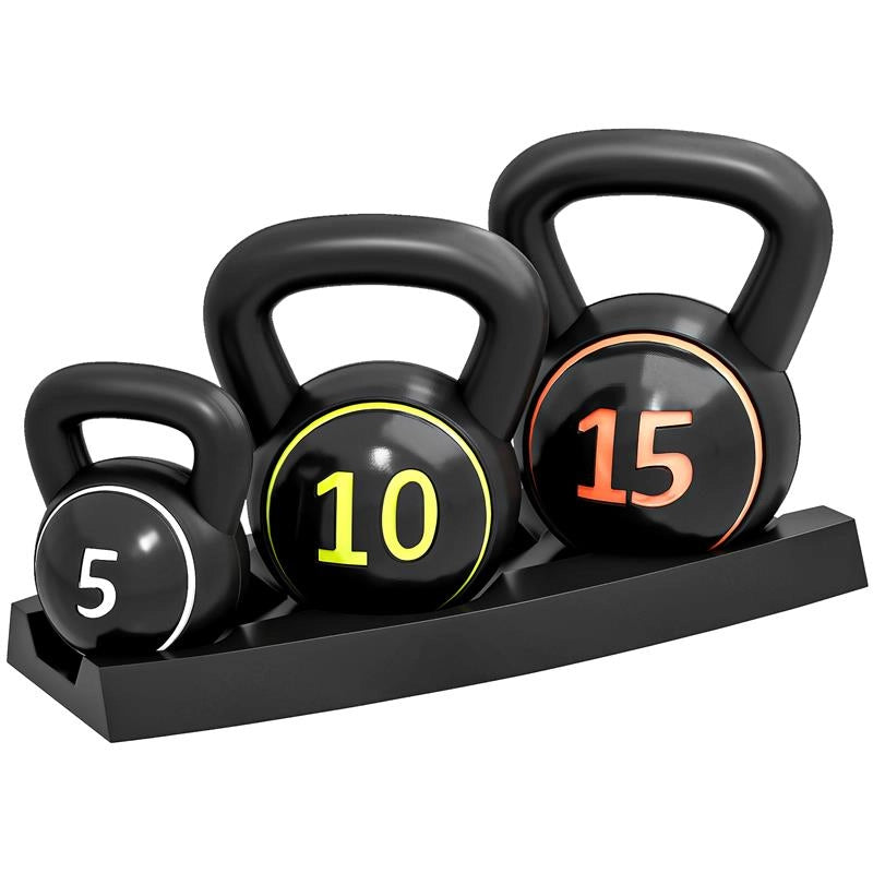 SET 3 KETTLEBELL DA 2.2 KG, 4.5 KG E 6.8 KG CON BASE PIATTA E PORTAPESI, IN PLASTICA E SABBIA, NERO
