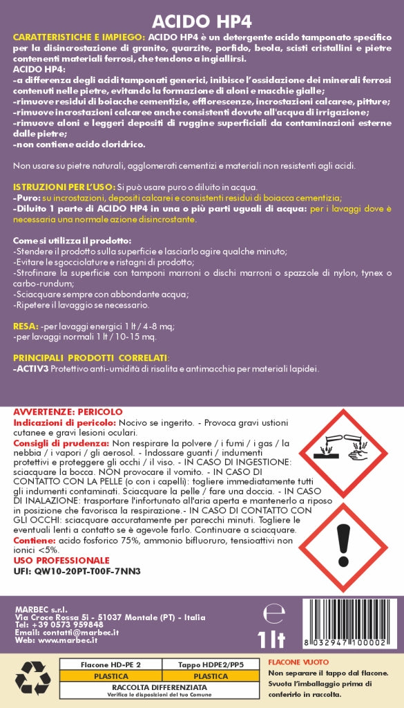 Detergente Acido tamponato per profido e granito ACIDO HP4    1LT