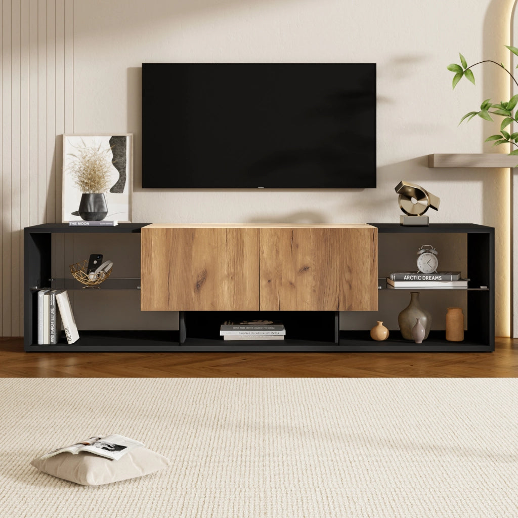 Mobile TV LED 160x40x42 cm in truciolato nero e naturale con contenitore