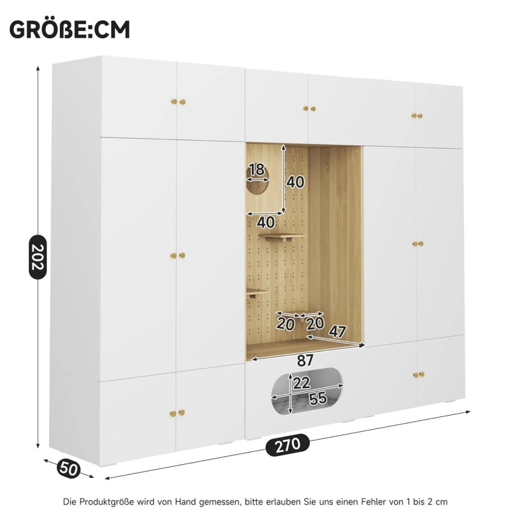 Armadio guardaroba 270x50x200 cm con area per gatti in truciolare bianco e legno
