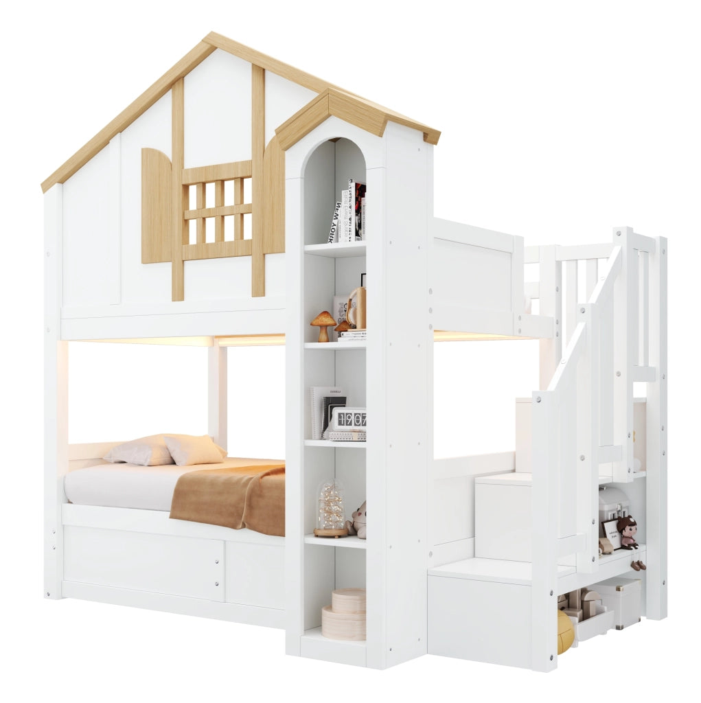 Letto a castello 90x200 cm con contenitore idraulico; scala contenitore e LED bianco HOMVRA