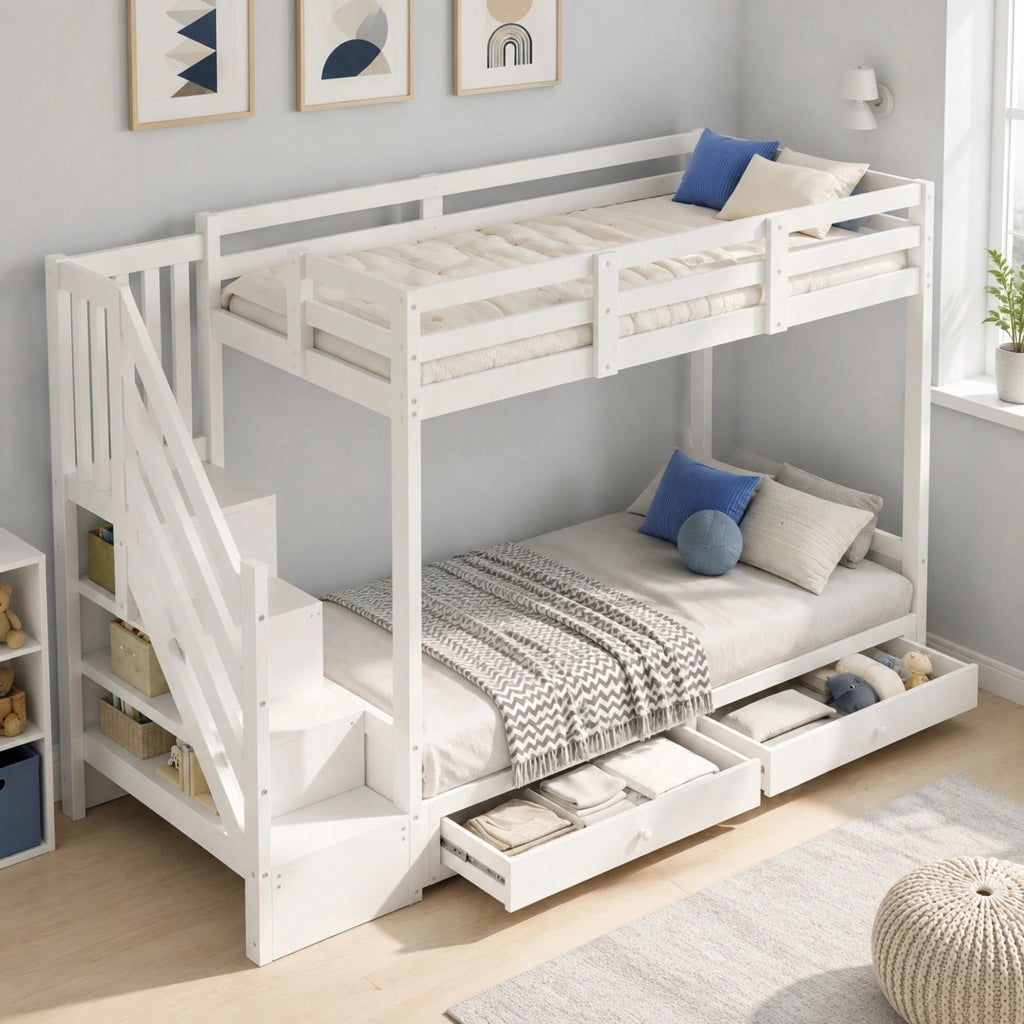 Letto a soppalco per bambini 90x200 cm con divano regolabile; scale contenitore e 2 cassetti bianco HOMVRA