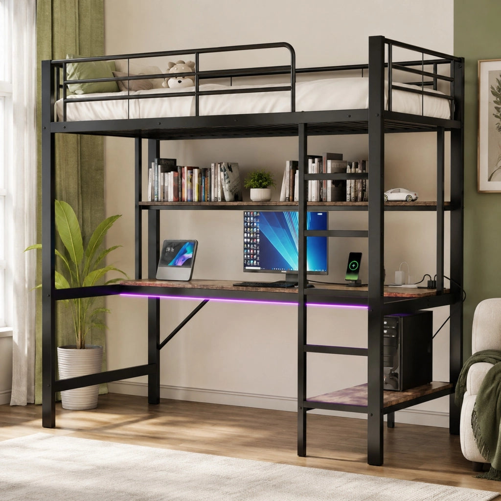 Letto a soppalco 90x200 cm con scrivania, LED e USB
