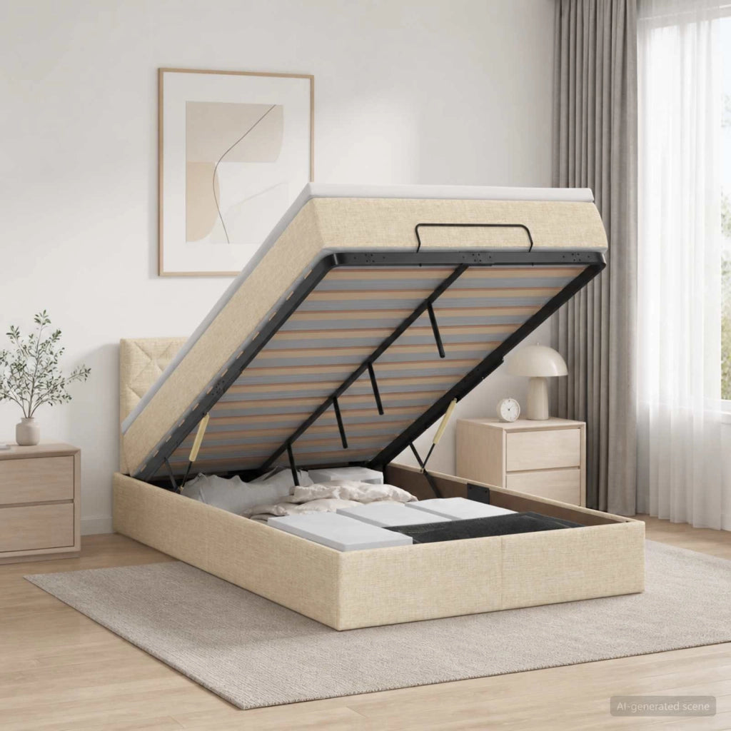 Letto ottomano con materasso Crema 120 x 190 cm Tessuto 3456397