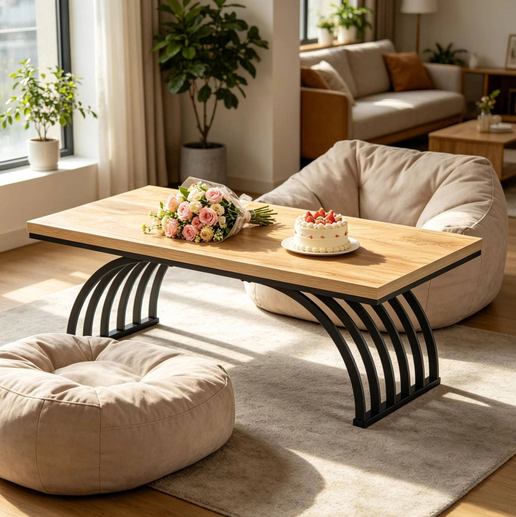 Tavolino da salotto con piano da 120 cm in legno marrone e metallo nero