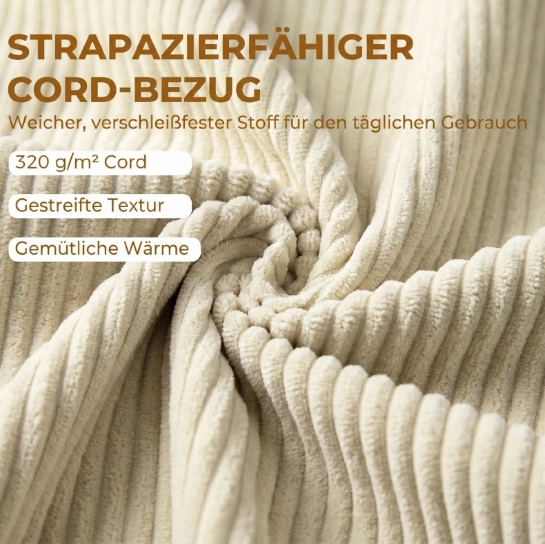 Panca contenitore in velluto a coste beige con braccioli
