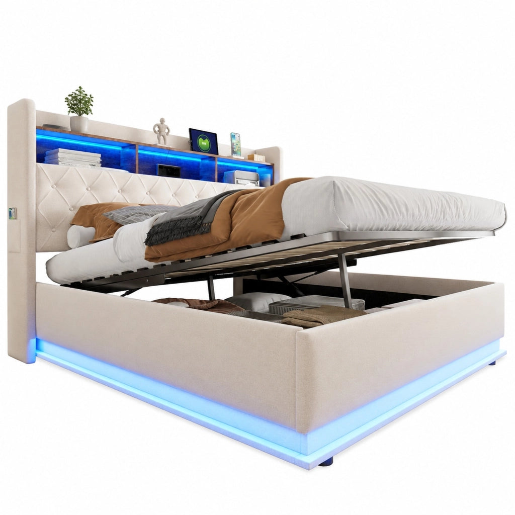 Letto matrimoniale imbottito 180 × 200 cm con LED USB vano contenitore idraulico in lino beige
